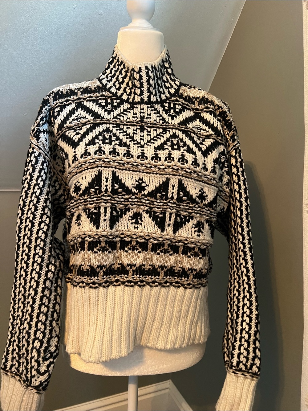 Black & Cream Patterned Turtleneck Sweater